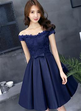 Picture of Navy Blue Lace and Satin Off Shoulder Party Dresses with Bow, Cute Homecoming Dress